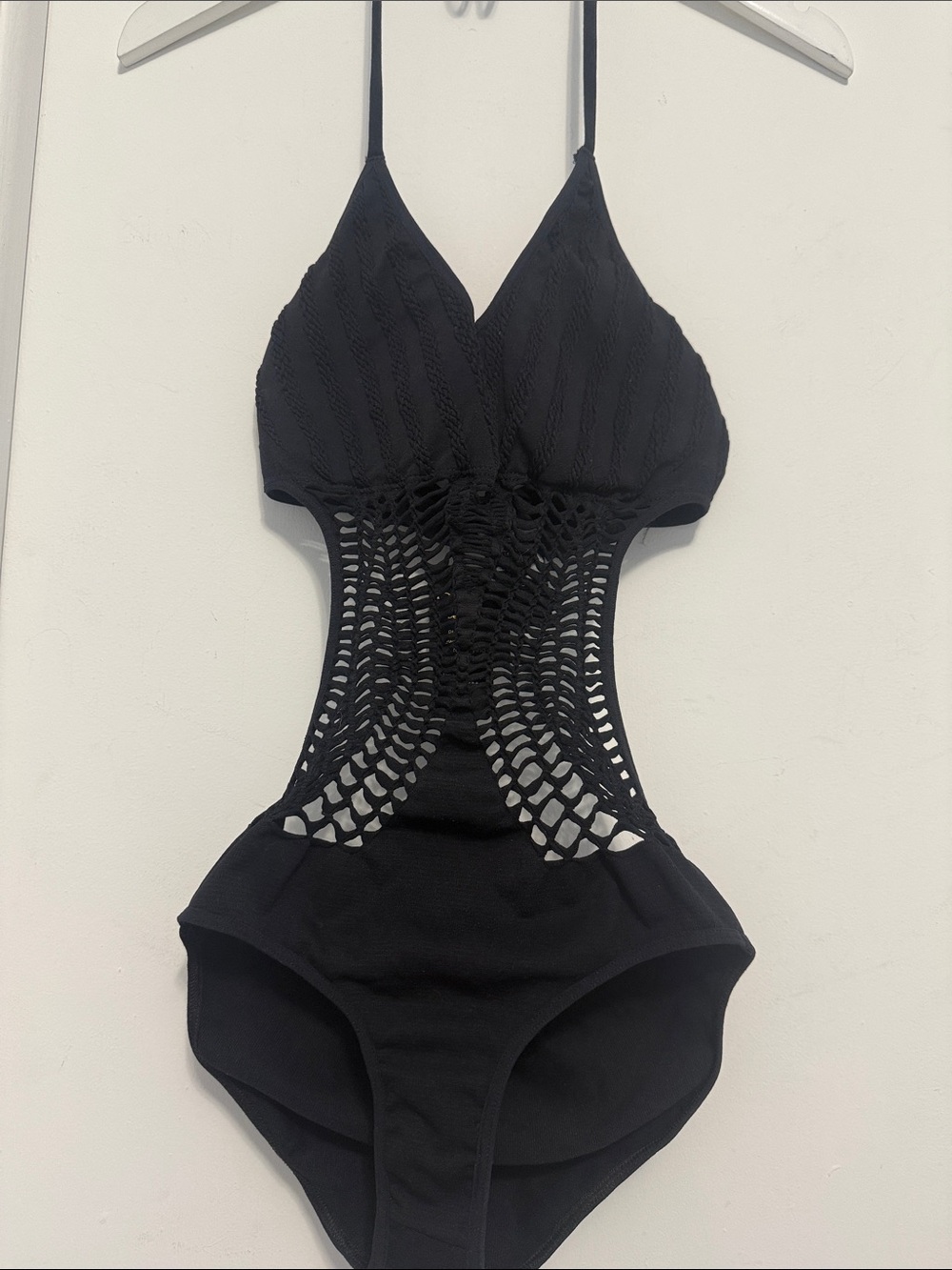 bebe Black Crochet Halter Bodysuit